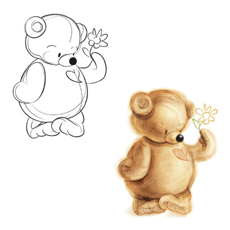 Teddy bear gives a flower. Drawing bear.の写真素材