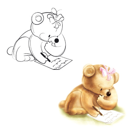 Bear writes a letter. Drawing bear.の写真素材