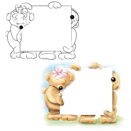 Teddy bear holding a banner. Drawing bear.の写真素材