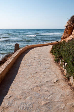 Paved walkway by the coast and horizon の写真素材
