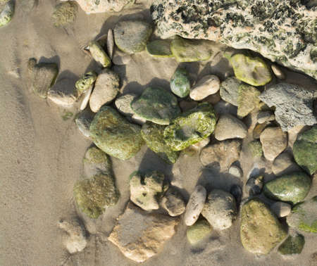 Green pebble rocks on a beach, possibly epidote, a common metamorphic mineral or a product of hydrothermal alteration of various minerals の写真素材