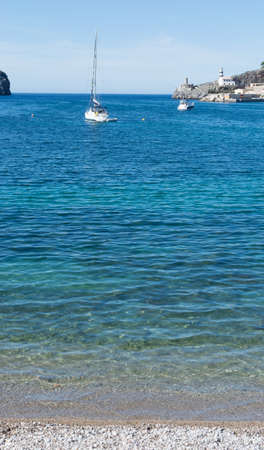 Sail boat in Port de Soller bay Mallorca, Balearic islands, Spain 