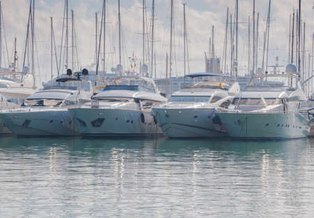 Expensive luxury yachts moored in Port de Palma, Palma de Mallorca, Balearic islands, Spain の写真素材