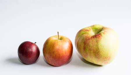 Three apples on white. Three apples in different sizes on white background.の写真素材