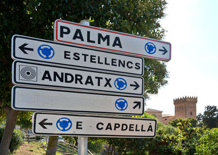 ANDRATX, MAJORCA, SPAIN - NOVEMBER 1 2013: Roundabout sign on November 1 2013 in Andratx, Mallorca, Balearic islands, Spain.のeditorial素材