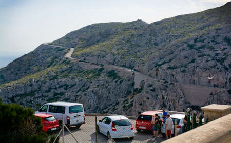 CAP FORMENTOR, MAJORCA, SPAIN - OCTOBER 28 2013: Breathtaking Mediterranean vistas and steep hairpin bends with only a decent amount of tourists on October 28 2013 in Cape Formentor, Majorca, Spain.のeditorial素材