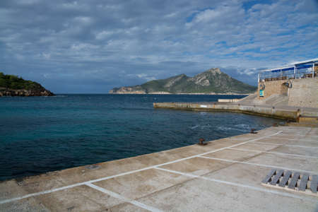 SANT ELM, MAJORCA, SPAIN - OCTOBER 30 2013: Empty harbor on October 30 2013 in Sant Elm, San Telmo, Mallorca, Balearic islands, Spain.のeditorial素材