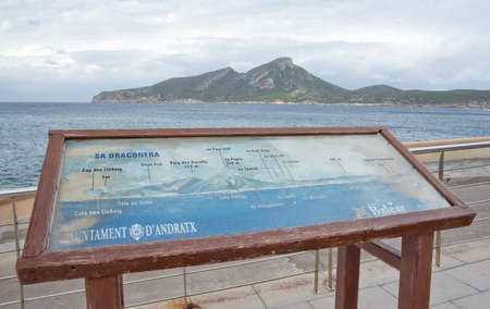 SANT ELM, MAJORCA, SPAIN - OCTOBER 30 2013: Dragonera map and view on October 30 2013 in Sant Elm, San Telmo, Mallorca, Balearic islands, Spain.のeditorial素材