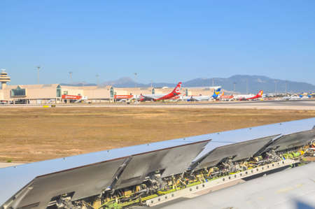 Landing breaks. Airline wing with landing break mechanics on Son Sant Joan, Palma de Mallorca,...
