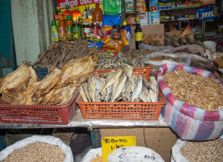 TANGALLE, SOUTHERN PROVINCE, SRI LANKA - DECEMBER 15, 2014: Dried fish and seafood in the market on December 15, 2014 in Tangalle, Southern Province, Sri Lanka, Asia.のeditorial素材