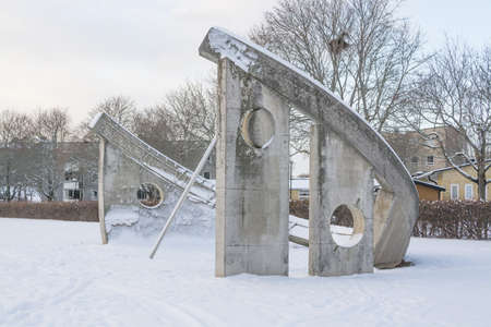 VALLINGBY, STOCKHOLM, SWEDEN - JANUARY 18, 2014: Sun Dial sculpture in Solursparken, on January 18, 2014 in Vallingby, Stockholm, Swedenのeditorial素材