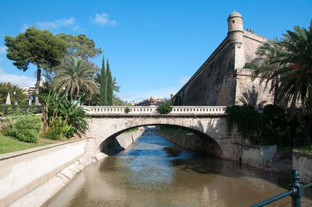 View up the river Torrent de sa Riera and the Sant Pere bastion, housing Es Baluard the Museum of Modern and Contemporary Art in Palma de Mallorca, Balearic islands, Spain.のeditorial素材