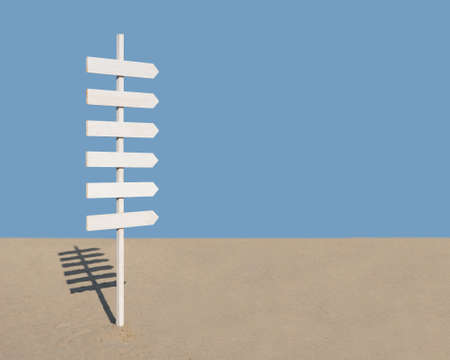 White wooden rustic sign post with six arrows on blue and empty space for text, maritime or beach...