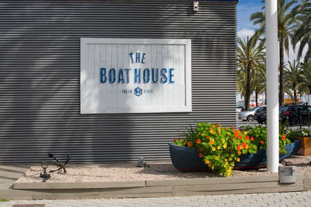 PALMA DE MALLORCA, SPAIN - APRIL 19, 2015: The Boat House restaurant sign with flower decorations on April 19, 2015 in Palma de Mallorca, Balearic islands, Spain.のeditorial素材