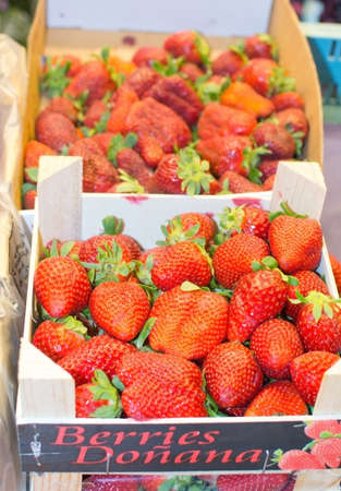 PALMA DE MALLORCA SPAIN  APRIL 21 2015: Strawberries in market on display in Santa Catalina market on April 21 2015 in Palma de Mallorca Balearic islands Spain.のeditorial素材