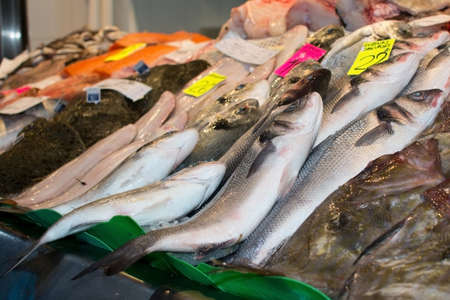 PALMA DE MALLORCA SPAIN  APRIL 21 2015: Fresh fish on display in Santa Catalina market on April 21 2015 in Palma de Mallorca Balearic islands Spain.のeditorial素材