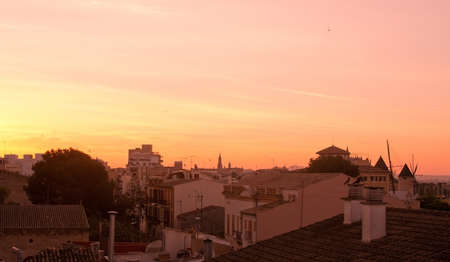 PALMA DE MALLORCA, SPAIN - APRIL 24, 2015: Morning colors over Santa Catalina and the Mediterranean ocean on April 24, 2015 in Palma de Mallorca, Balearic islands, Spain.のeditorial素材