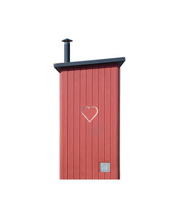 SKREA FALKENBERG SWEDEN  JUNE 6 2015: Small seaside toilet house in red wood with heart on June 6...