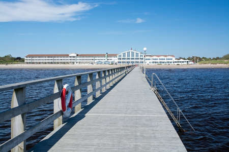 FALKENBERG SWEDEN  JUNE 5 2015: Strandbaden Falkenberg wooden pier before summer tourist season on June 5 2015 in Falkenberg Sweden.のeditorial素材