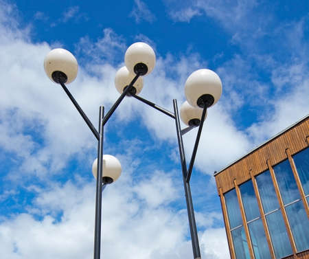 VALLINGBY, STOCKHOLM, SWEDEN - JULY 9, 2015: Vallingby street lights. Vallingby architecture in the special organic and functional style from the fifties on July 9, 2015 in Stockholm, Sweden.のeditorial素材