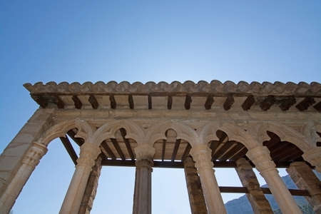 MONASTIR DE MIRAMAR, MAJORCA, SPAIN - JULY 24, 2015: Detail of pillar and vault building in Monastery of Miramar on July 24, 2015 in Mallorca, Balearic islands, Spain.のeditorial素材