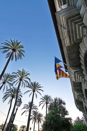 PALMA DE MALLORCA, BALEARIC ISLANDS, SPAIN - JULY 22, 2015: Ajuntament de Palma de Mallorca on Plaza de Cort at dusk with palm tree silhouettes on July 22, 2015 in Palma de Mallorca, Balearic islands, Spain.のeditorial素材