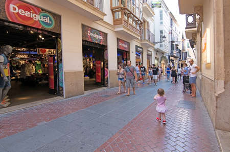 PALMA DE MALLORCA, BALEARIC ISLANDS, SPAIN - JULY 22, 2015: Pedestrian street view with people on Carrer Sindicat on a sunny summer day on July 22, 2015 in Palma de Mallorca, Balearic islands, Spain in July.のeditorial素材