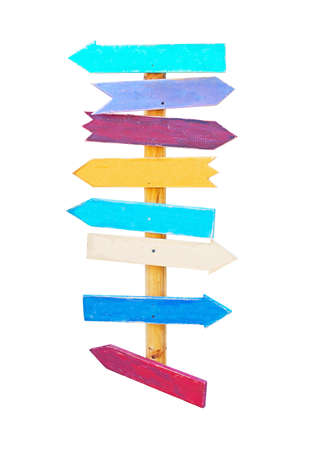 Colorful wood arrow signs with copy space for text pointing in different directions isolated on white.の写真素材