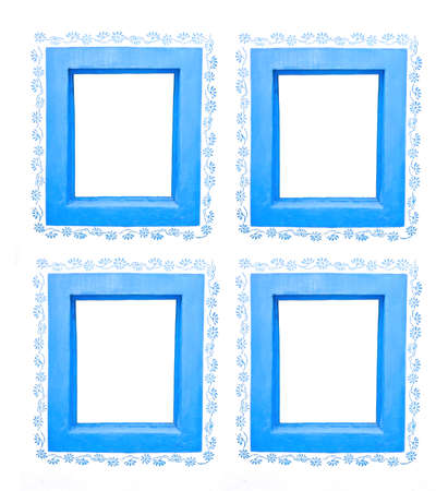 Four blue window frames with floral pattern isolated on white.の写真素材