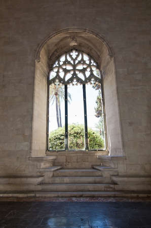 PALMA DE MALLORCA, BALEARIC ISLANDS, SPAIN - APRIL 13, 2016: La Llotja gothic window interior in Palma de Mallorca, Balearic islands, Spain on April 13, 2016.のeditorial素材