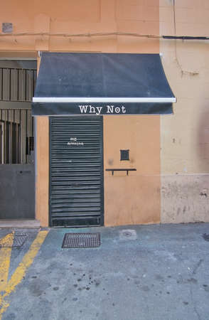 PALMA DE MALLORCA, BALEARIC ISLANDS, SPAIN - APRIL 7, 2016: Why Not Restaurant on Carrer des Apuntadores in Palma de Mallorca, Balearic islands, Spain on April 7, 2016.のeditorial素材