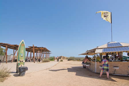 MOLINAR, MALLORCA, BALEARIC ISLANDS, SPAIN - JULY 30, 2016:  Small beach hut cafe along outdoor bicycling track on a sunny day on July 30, 2016 in Palma de Mallorca, Balearic islands, Spain.のeditorial素材
