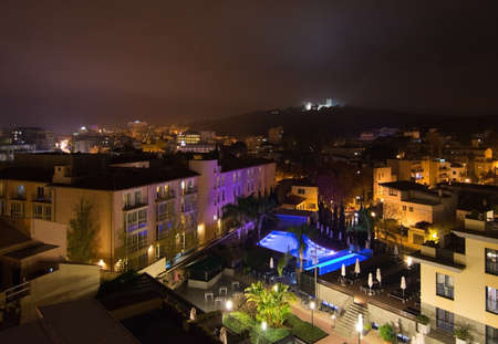 PALMA DE MALLORCA, BALEARIC ISLANDS, SPAIN - DECEMBER 18, 2015: Night Palma city scene with colorful bright lights on December 18, 2015 in Palma de Mallorca, Balearic islands, Spainのeditorial素材