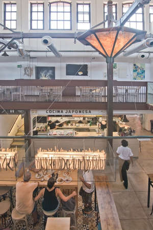 PALMA DE MALLORCA, BALEARIC ISLANDS, SPAIN - SEPTEMBER 22, 2016: Architectural details in the interior food court in Escorxador and Sant Juan Market on September 22, 2016 in Palma de Mallorca, Balearic islands, Spain.のeditorial素材