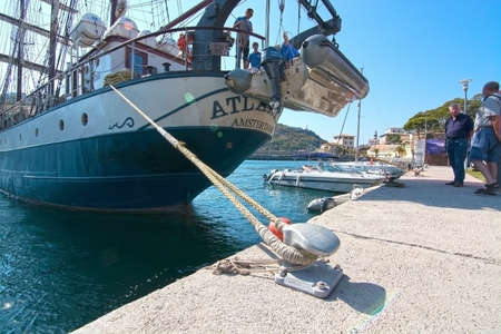 PUERTO SOLLER, MALLORCA, SPAIN - OCTOBER 2, 2016: Three masted brigg Atlantis of Amsterdam gets ready for departure with crew in port on a sunny day on October 2, 2016 in Puerto Soller, Mallorca, Spain.のeditorial素材