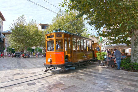 SOLLER, MALLORCA, SPAIN - OCTOBER 2, 2016: Soller tram between port and main village on central plaza on a sunny day on October 2, 2016 in Soller, Mallorca, Balearic islands, Spain.のeditorial素材