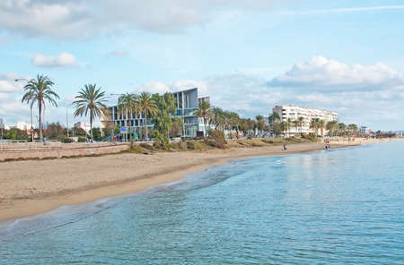 PALMA DE MALLORCA, BALEARIC ISLANDS, SPAIN - DECEMBER 1, 2016: Beach and new conference center on a sunny winter day on December 1, 2016 in Palma de Mallorca, Balearic islands, Spain.のeditorial素材