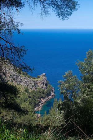 Walking path nature landscape view in Tramuntana mountains between Soller and Cala Tuent, Mallorca, Spain.の写真素材