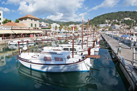 PORT DE SOLLER, MALLORCA, SPAIN - MAY 15, 2017: View over marina and boats on a sunny day on May 15, 2017 in Port de Soller, Mallorca, Spain.のeditorial素材