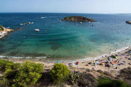 PORTALS, BALEARIC ISLANDS, SPAIN - AUGUST 15, 2017: Beach view from above on a sunny day on August 15, 2017 in Soller, Mallorca, Balearic islands, Spain.のeditorial素材