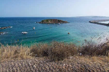 PORTALS, BALEARIC ISLANDS, SPAIN - AUGUST 15, 2017: Beach view from above on a sunny day on August 15, 2017 in Soller, Mallorca, Balearic islands, Spain.のeditorial素材