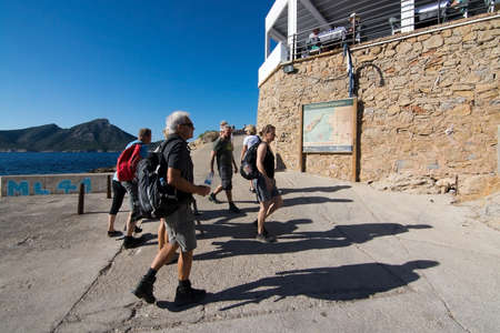 SANT ELM, MALLORCA, BALEARIC ISLANDS, SPAIN - OCTOBER 30, 2017: Sant Elm harbor on a sunny day on October 30, 2017 in Sant Elm, Mallorca, Balearic islands, Spain.のeditorial素材