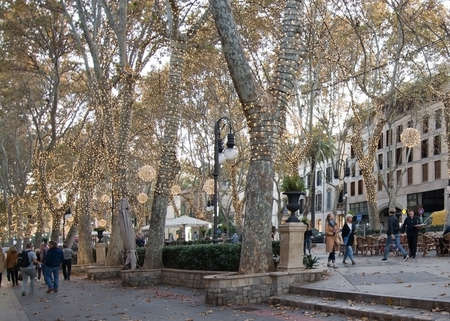 MALLORCA, BALEARIC ISLANDS, SPAIN - NOVEMBER 24 2017: Christmas holiday lights in Palma de Mallorca on a sunny day on November 24, 2017 in Mallorca, Balearic islands, Spain.のeditorial素材