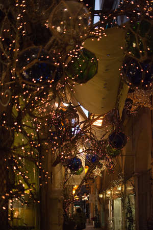 PALMA DE MALLORCA, BALEARIC ISLANDS, SPAIN - DECEMBER 5, 2017: Old town detail at night with Christmas light decorations on December 5, 2017 in Palma de Mallorca, Balearic islands, Spain.のeditorial素材
