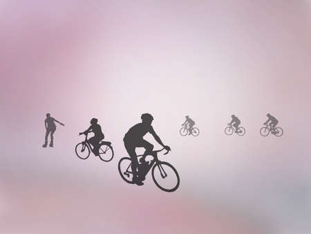 Silhouettes of bicyclists and rollerskater on pastel vintage pink color background, illustration. の写真素材