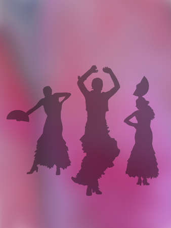 Silhouettes of three female flamenco dancers on rosy pink abstract background illustration.の写真素材