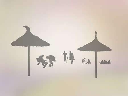 Silhouettes of people on summer beach on golden yellow abstract background illustration.の写真素材