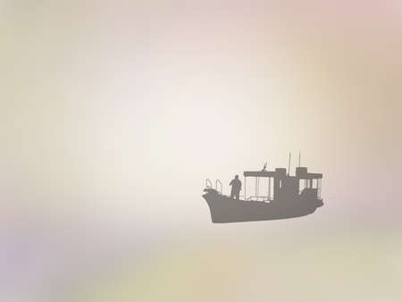 Silhouettes of small ferry boat and captain on golden yellow abstract background illustration.の写真素材