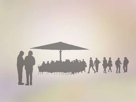 Silhouettes of people in the city talking and sitting in a cafe on golden yellow abstract background illustration.の写真素材