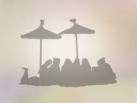 Silhouettes of group under parasols on a beach on golden yellow abstract background illustration.の写真素材